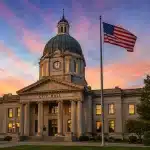 Front view of a neoclassical City Hall with a large dome, tall columns, and an American flag waving at sunset.