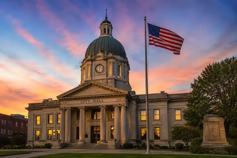 Front view of a neoclassical City Hall with a large dome, tall columns, and an American flag waving at sunset.